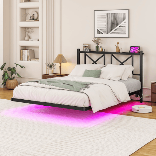 Cama de casal 120x200 cm - Estrutura metálica com LED e estação de carregamento, robusta - Preto