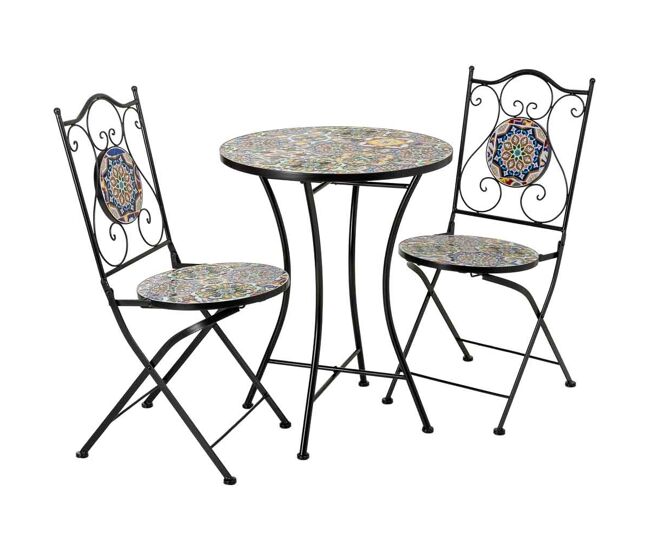 Conjunto mesa y 2 sillas de mosaico y forja multicolor, mesa:d60x75h-s