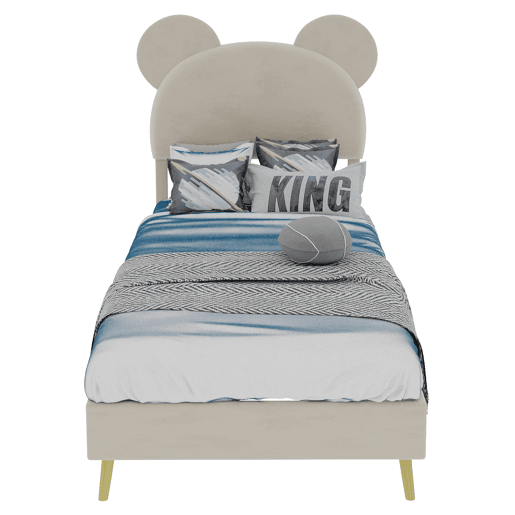 Cama estofada minimalista 90x200 - cabeceira cartoon, base baixa, sem arrumação - bege