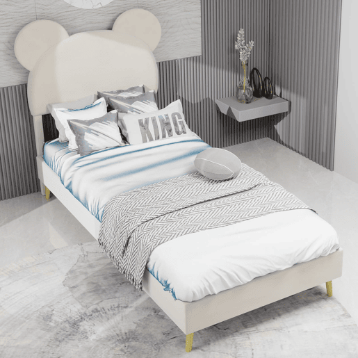 Cama estofada minimalista 90x200 - cabeceira cartoon, base baixa, sem arrumação - bege