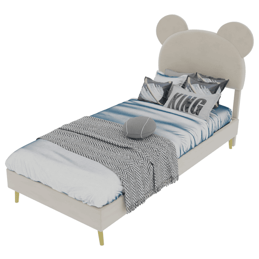 Cama estofada minimalista 90x200 - cabeceira cartoon, base baixa, sem arrumação - bege