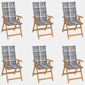 Cadeiras jardim - Cadeiras exterior c almofadões xadrez cinzento 6 pcs teca maciça