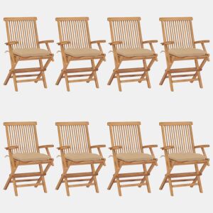 Cadeiras de jardim - Cadeiras de exterior c almofadões beges 8 pcs teca maciça
