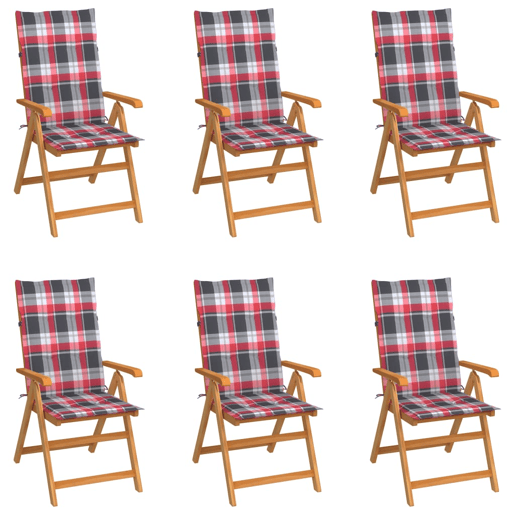 Cadeiras jardim - Cadeiras exterior c almofadões xadrez vermelho 6 pcs teca maciça