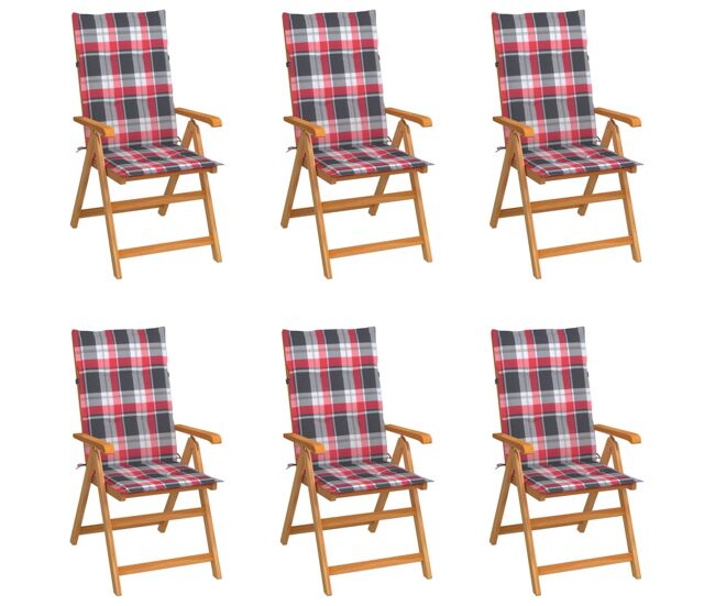 Juego de 6 sillas de jardín - sillas de exterior - sillas terraza madera maciza teca cojines cuadros rojos