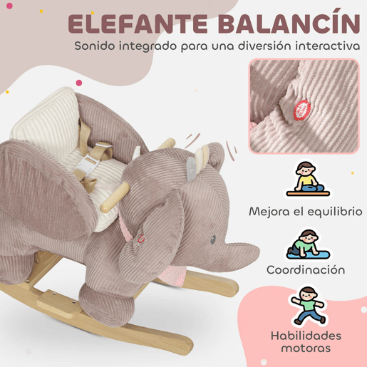 AIYAPLAY Cavalo Baloiço para Bebés com Som de Elefante e Cinto de Segurança de 3 Pontos Cavalo Brinquedo com Base em Madeira de Álamo para Crianças de 18-36 Meses 65x35x50 cm Castanho