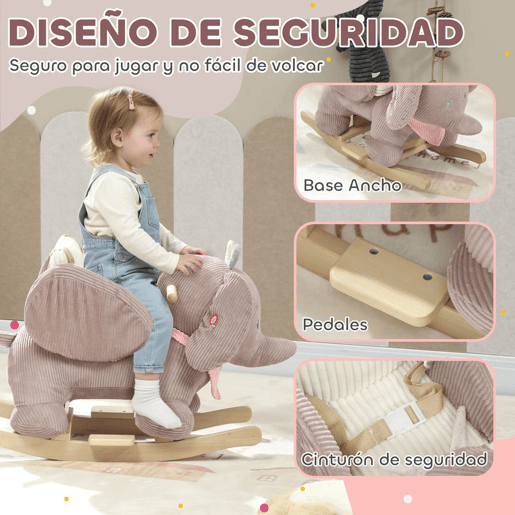 AIYAPLAY Cavalo Baloiço para Bebés com Som de Elefante e Cinto de Segurança de 3 Pontos Cavalo Brinquedo com Base em Madeira de Álamo para Crianças de 18-36 Meses 65x35x50 cm Castanho