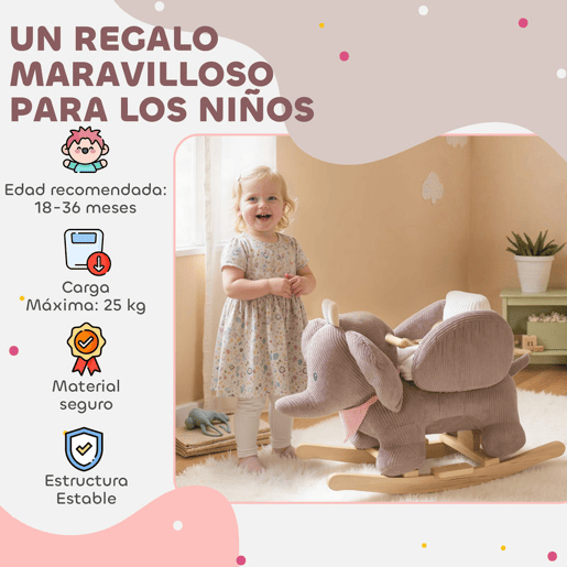 AIYAPLAY Cavalo Baloiço para Bebés com Som de Elefante e Cinto de Segurança de 3 Pontos Cavalo Brinquedo com Base em Madeira de Álamo para Crianças de 18-36 Meses 65x35x50 cm Castanho