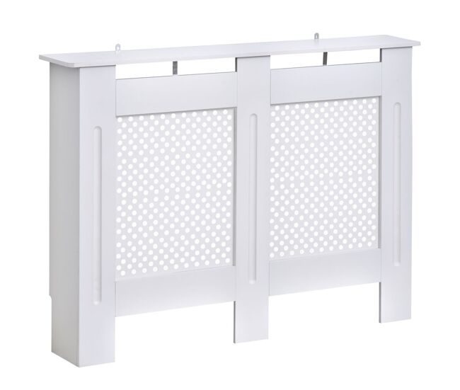 Homcom cubre radiadores, 111.5x19x82 cm, cubierta para radiador moderna de mdf, con estante superior y listones, para salón, dormitorio, pasillo, blanco
