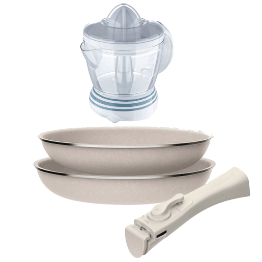 Frigideiras de indução Click&Cook Ø24Ø28cm e espremedor de 1,2L