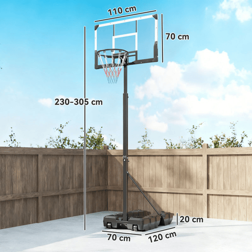 SPORTNOW Tabela de Basquetebol para Exterior com Altura Ajustável 230-305 cm Portátil com Estrutura Dobrável Painel Inquebrável Rodas e Base Preenchível para Adolescentes e Adultos 120x70x300-375 cm Preto