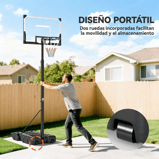 SPORTNOW Tabela de Basquetebol para Exterior com Altura Ajustável 230-305 cm Portátil com Estrutura Dobrável Painel Inquebrável Rodas e Base Preenchível para Adolescentes e Adultos 120x70x300-375 cm Preto