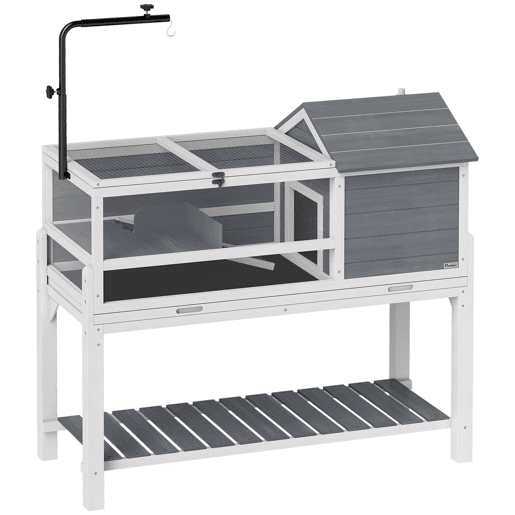 PawHut Casa para Tartarugas de Madeira Terrário para Répteis com Suporte para Lâmpada Ajustável Tampas Articuladas Bandeja Removível Prateleira de Armazenamento e Painéis Transparentes 124x55x109 cm Branco e Cinza