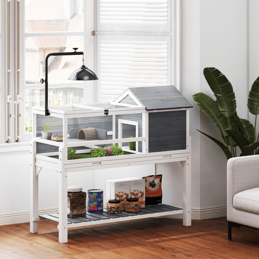 PawHut Casa para Tartarugas de Madeira Terrário para Répteis com Suporte para Lâmpada Ajustável Tampas Articuladas Bandeja Removível Prateleira de Armazenamento e Painéis Transparentes 124x55x109 cm Branco e Cinza