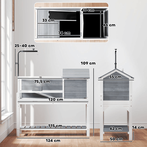 PawHut Casa para Tartarugas de Madeira Terrário para Répteis com Suporte para Lâmpada Ajustável Tampas Articuladas Bandeja Removível Prateleira de Armazenamento e Painéis Transparentes 124x55x109 cm Branco e Cinza