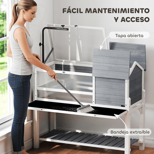 PawHut Casa para Tartarugas de Madeira Terrário para Répteis com Suporte para Lâmpada Ajustável Tampas Articuladas Bandeja Removível Prateleira de Armazenamento e Painéis Transparentes 124x55x109 cm Branco e Cinza