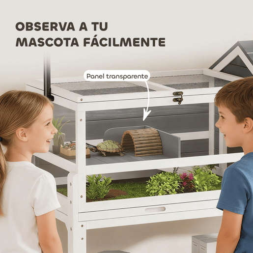 PawHut Casa para Tartarugas de Madeira Terrário para Répteis com Suporte para Lâmpada Ajustável Tampas Articuladas Bandeja Removível Prateleira de Armazenamento e Painéis Transparentes 124x55x109 cm Branco e Cinza