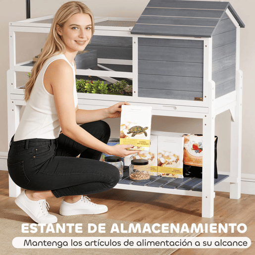 PawHut Casa para Tartarugas de Madeira Terrário para Répteis com Suporte para Lâmpada Ajustável Tampas Articuladas Bandeja Removível Prateleira de Armazenamento e Painéis Transparentes 124x55x109 cm Branco e Cinza