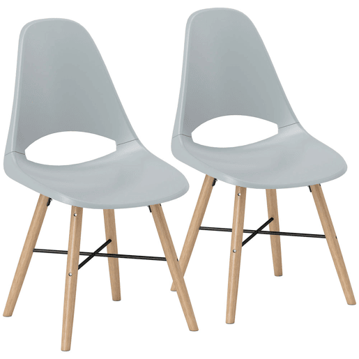 HOMCOM Conjunto de 2 Cadeiras de Jantar de Plástico Cadeiras de Cozinha Modernas com Encosto Curvado e Pés em Madeira de Borracha para Sala de Estar Quarto 47x49x84 cm Cinzento