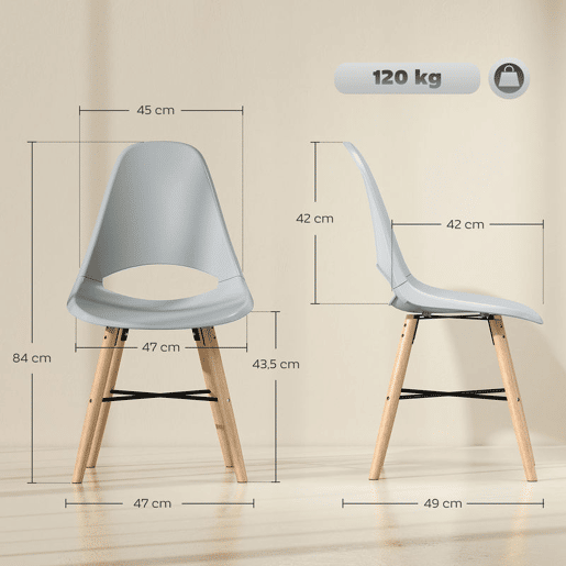 HOMCOM Conjunto de 2 Cadeiras de Jantar de Plástico Cadeiras de Cozinha Modernas com Encosto Curvado e Pés em Madeira de Borracha para Sala de Estar Quarto 47x49x84 cm Cinzento