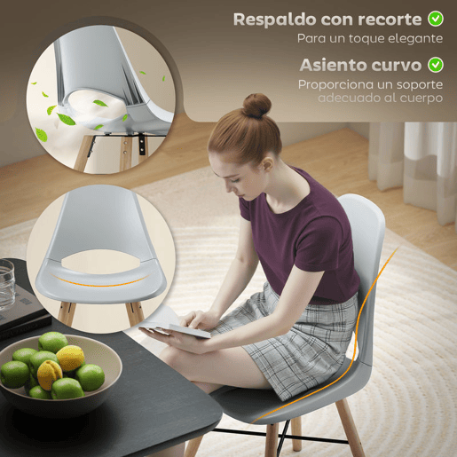 HOMCOM Conjunto de 2 Cadeiras de Jantar de Plástico Cadeiras de Cozinha Modernas com Encosto Curvado e Pés em Madeira de Borracha para Sala de Estar Quarto 47x49x84 cm Cinzento