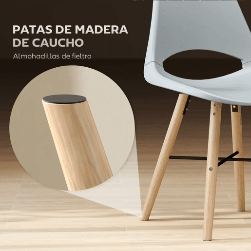 HOMCOM Conjunto de 2 Cadeiras de Jantar de Plástico Cadeiras de Cozinha Modernas com Encosto Curvado e Pés em Madeira de Borracha para Sala de Estar Quarto 47x49x84 cm Cinzento