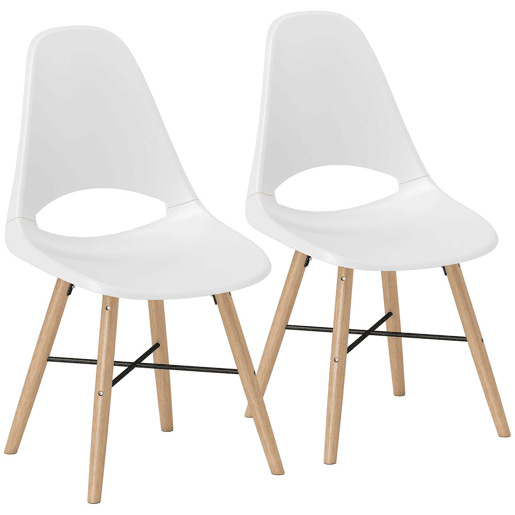 HOMCOM Conjunto de 2 Cadeiras de Jantar de Plástico Cadeiras de Cozinha Modernas com Encosto Curvado e Pés em Madeira de Borracha para Sala de Estar Quarto 47x49x84 cm Branco