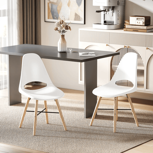 HOMCOM Conjunto de 2 Cadeiras de Jantar de Plástico Cadeiras de Cozinha Modernas com Encosto Curvado e Pés em Madeira de Borracha para Sala de Estar Quarto 47x49x84 cm Branco