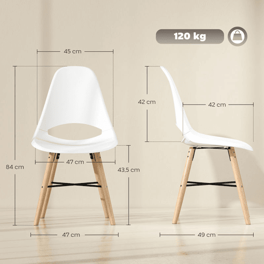 HOMCOM Conjunto de 2 Cadeiras de Jantar de Plástico Cadeiras de Cozinha Modernas com Encosto Curvado e Pés em Madeira de Borracha para Sala de Estar Quarto 47x49x84 cm Branco