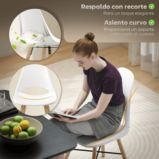 HOMCOM Conjunto de 2 Cadeiras de Jantar de Plástico Cadeiras de Cozinha Modernas com Encosto Curvado e Pés em Madeira de Borracha para Sala de Estar Quarto 47x49x84 cm Branco