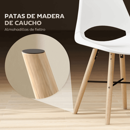 HOMCOM Conjunto de 2 Cadeiras de Jantar de Plástico Cadeiras de Cozinha Modernas com Encosto Curvado e Pés em Madeira de Borracha para Sala de Estar Quarto 47x49x84 cm Branco
