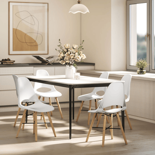 HOMCOM Conjunto de 2 Cadeiras de Jantar de Plástico Cadeiras de Cozinha Modernas com Encosto Curvado e Pés em Madeira de Borracha para Sala de Estar Quarto 47x49x84 cm Branco