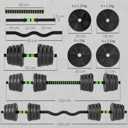 SPORTNOW Conjunto de Halteres Ajustáveis 3 em 1 30 kg Conjunto de Pesos com Barras de Conexão e Pegas Antiderrapantes Pesos e Halteres para Exercício de Fitness Ginásio em Casa