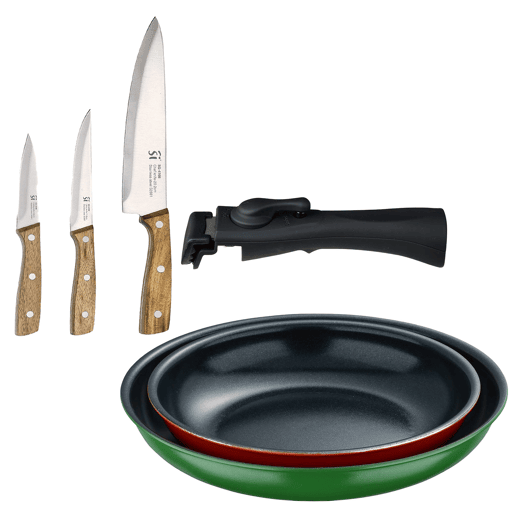 Frigideiras de indução Click&Cook Ø22Ø26cm e facas de cozinha