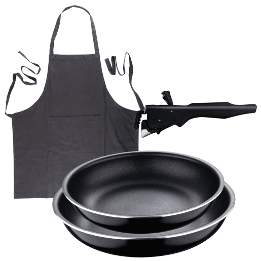 Frigideiras de indução Click&Cook Ø22Ø26cm e avental cinza Frigideiras de indução Click&Cook Ø22Ø26cm e avental cinza