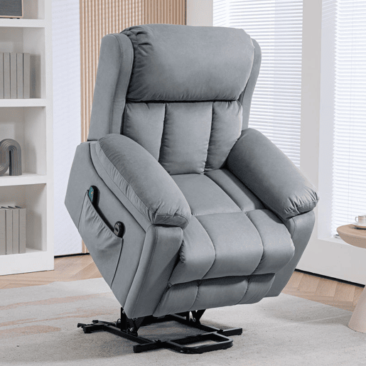 HOMCOM Poltrona Reclinável Elétrica com Função de Elevação, Massagem Vibratória e Calor, Comandos Remotos, Apoio para Pés, Pele Sintética, Bolsos Laterais, Cinzento