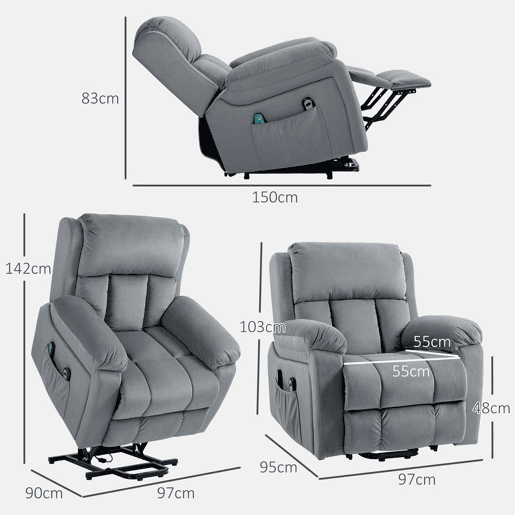 HOMCOM Poltrona Reclinável Elétrica com Função de Elevação, Massagem Vibratória e Calor, Comandos Remotos, Apoio para Pés, Pele Sintética, Bolsos Laterais, Cinzento
