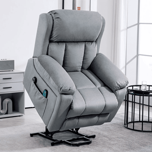 HOMCOM Poltrona Reclinável Elétrica com Função de Elevação, Massagem Vibratória e Calor, Comandos Remotos, Apoio para Pés, Pele Sintética, Bolsos Laterais, Cinzento