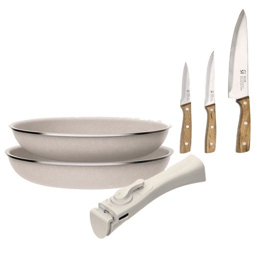 Frigideiras de indução Click&Cook Ø24Ø28cm e facas de cozinha
