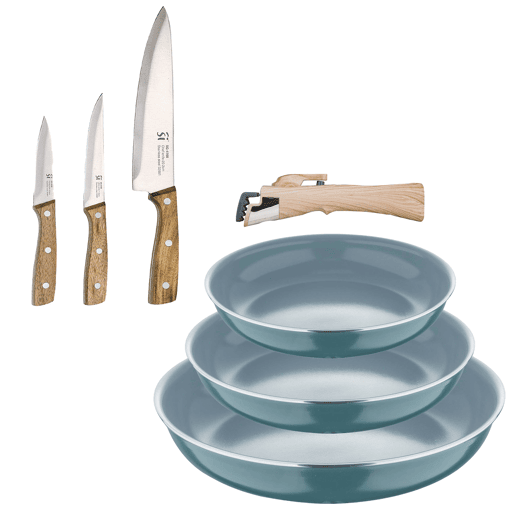 Frigideiras de indução Click&Cook Ø18Ø20Ø24cm e facas de cozinha