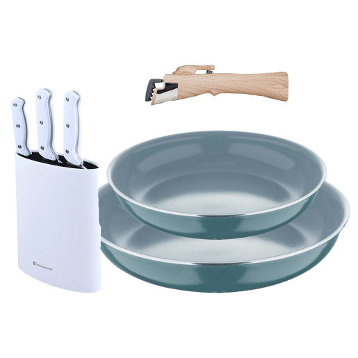 Frigideiras de indução Click&Cook Ø24Ø28cm e facas de cozinha