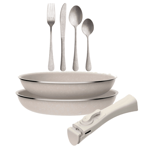 Frigideiras de indução Click&Cook Ø24Ø28cm e conjunto de talheres de 16 peças
