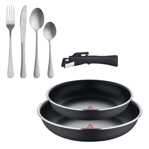 Frigideiras de indução Click&Cook Ø22Ø26cm e conjunto de talheres de 16 peças
