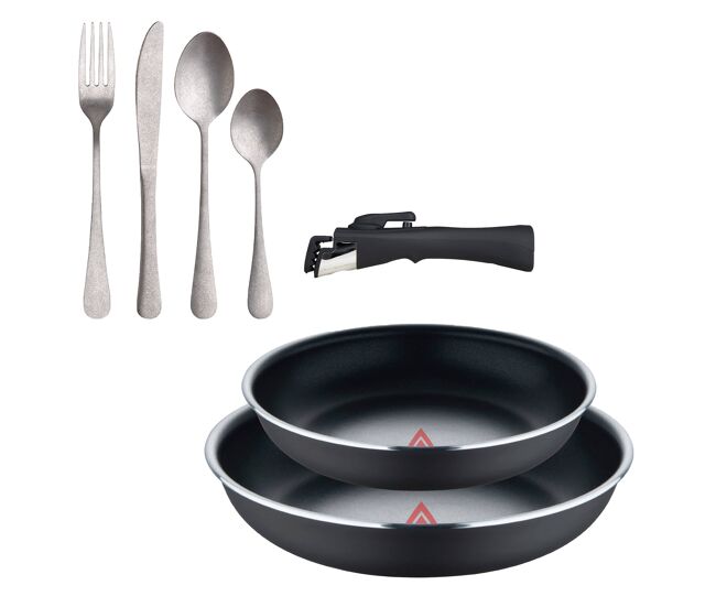 Sartenes ø22ø26cm inducción click&cook y set de 16 cubiertos