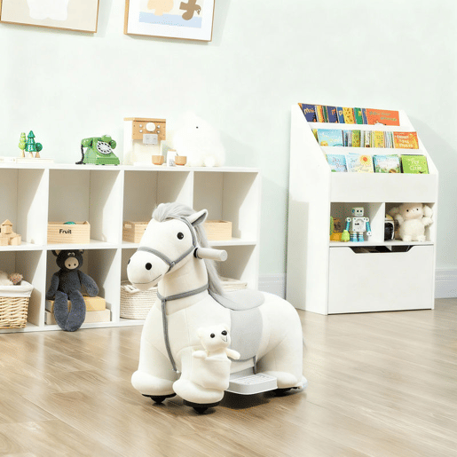 AIYAPLAY Cavalo Elétrico com Música Bateria 6V Brinquedo Elétrico Toque Suave Rodas Silenciosas de PU Movimento para a Frente Prenda para Crianças dos 1,5 aos 5 Anos 74x34x51 cm Branco
