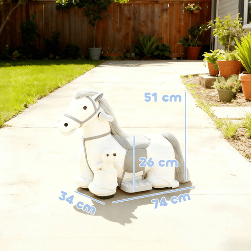 AIYAPLAY Cavalo Elétrico com Música Bateria 6V Brinquedo Elétrico Toque Suave Rodas Silenciosas de PU Movimento para a Frente Prenda para Crianças dos 1,5 aos 5 Anos 74x34x51 cm Branco