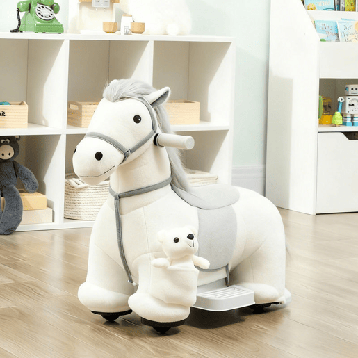 AIYAPLAY Cavalo Elétrico com Música Bateria 6V Brinquedo Elétrico Toque Suave Rodas Silenciosas de PU Movimento para a Frente Prenda para Crianças dos 1,5 aos 5 Anos 74x34x51 cm Branco