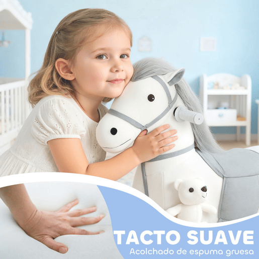 AIYAPLAY Cavalo Elétrico com Música Bateria 6V Brinquedo Elétrico Toque Suave Rodas Silenciosas de PU Movimento para a Frente Prenda para Crianças dos 1,5 aos 5 Anos 74x34x51 cm Branco