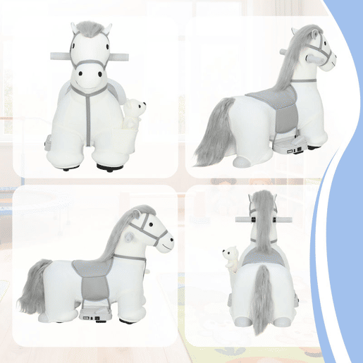 AIYAPLAY Cavalo Elétrico com Música Bateria 6V Brinquedo Elétrico Toque Suave Rodas Silenciosas de PU Movimento para a Frente Prenda para Crianças dos 1,5 aos 5 Anos 74x34x51 cm Branco