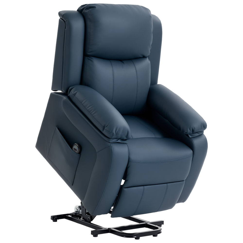Homcom sillón relax eléctrico reclinable levanta personas, sillón elevador, con respaldo alto, control remoto, reposapiés, acolchado grueso, tapizado en pu, bolsillos laterales, azul oscuro